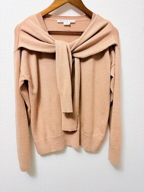 Veronica Beard Merino Wool Scarf Sweater V-Neck Nude Beige L